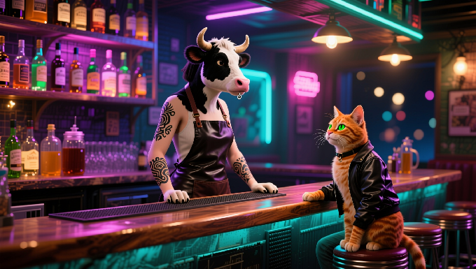 Style: cinematic-realistic, a tattooed cow bartender stands behind a neon-lit bar as she subtly shifts her weight and flicks an ear, then she leans forward while raising one hoof to gesture and her mouth moves as she asks, "What'll it be?" in a warm, slightly raspy voice while the camera performs a slow push-in and bar lights continue flickering across glass bottles with soft motion blur. The orange tabby cat patron sits at the counter as he turns his head up toward her, his whiskers twitching while his mouth moves and he answers, "Vanilla with extra chocolate," in a casual, upbeat tone as the camera drifts slightly to keep both faces framed and a couple of out-of-focus patrons sway and shift on stools in the background. Audio: generate synchronized ambient audio. Include low bar room murmur, soft jazz playing from a small speaker, subtle neon buzz, faint bottle clinks, and generate synchronized speech for her line in a warm, slightly raspy voice and for his line in a casual, upbeat voice.