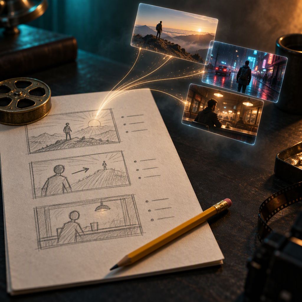 A hand-sketched storyboard page on a dark desk, three pencil panels with stick figures and a camera arrow, glowing holographic finished scene cards rising from the top panel and tethered back to the sketch by thin light threads