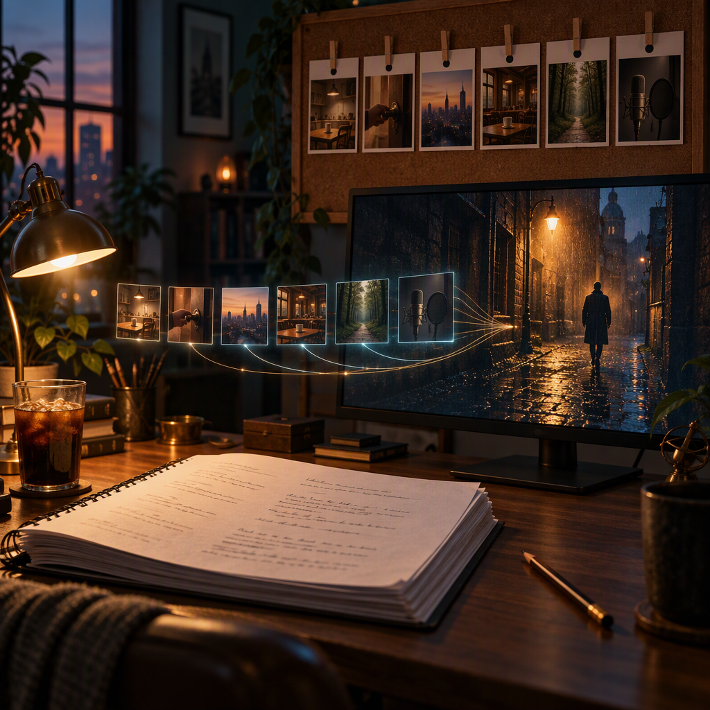 Escritorio de guionista al atardecer: sobre el escritorio de madera, una libreta espiral abierta cuyas líneas de guion son trazos de caligrafía ilegible sin texto legible. A la derecha, un monitor grande muestra el fotograma renderizado de una escena cinemática —un pasaje empedurado mojado bajo una lámpara ámbar, una figura solitaria vista de espaldas al fondo, sin rostro visible—. Entre el escritorio y el monitor flota una secuencia horizontal de seis tarjetas de guion gráfico translúcidas, cada una un pequeño cuadro distinto (una mesa de cocina, una mano sobre un picaporte, un horizonte de ciudad, el interior de un café, un sendero en el bosque, un micrófono de estudio), atadas al monitor con hilos finos luminosos. Detrás, un panel de corcho sostiene las mismas seis tarjetas impresadas fijadas con pinzas, en orden sugerido solo por puntos. Una lámpara de escritorio de latón tiende un charco de luz cálida sobre las páginas. Todo en sombras teal y luz principal ámbar, profundidad de campo rasa, grano de película sutil, composición 16:9, sin ningún texto legible, sin logos, sin caras frontales ni manos.