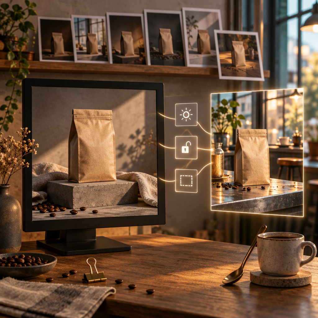 Mesa de estudio de producto a la luz cálida del atardecer, fotografía cuadrada de tono ámbar: al centro, un monitor mate exhibe la foto de producto de una bolsa de café de papel kraft sobre un pedestal de hormigón; al lado del monitor, un segundo cuadro luminoso muestra la misma bolsa recompuesta sobre una barra de zinc de café con luz cálida de ventana, y entre los dos cuadros tres tarjetas translúcidas suspendidas —un glifo de sol, un candado abierto y un rectángulo de recorte punteado— ligan las escenas por hilos finos y luminosos. Sobre la mesa, un clip de latón dorado, granos de café sueltos, un lino doblado y una cuchara apoyada contra una taza cerámica de café oscuro dividen el espacio; atrás, una repisa rasa sostiene una pila de cinco pruebas fotográficas sin marca de la misma bolsa en variaciones, con una prueba deslizada al frente. Luz principal ámbar con rebote verde azulado suave viniendo de la ventana, profundidad de campo rasa, granulado de película discreto, ningún texto legible, sin letras, sin números, sin logos, sin marcas de agua, sin rostros de frente, sin manos visibles.