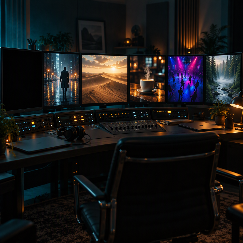Sala de edición en penumbra, estilo cinematográfico teal y ámbar: una pared curva de seis monitores sobre una consola de estudio larga —el primero apagado y negro, los otros cinco mostrando fotogramas distintos de un mismo largometraje imaginario: una calle mojada bajo luz de neón con una figura de espaldas, una duna desértica a la hora dorada, una taza de café humeante sobre una barra de madera, una pista de baile vista desde arriba con siluetas, un río de bosque con niebla—. Sobre la consola, una fila de perillas retroiluminadas, un strip de faders de mezcla, dos laptops cerradas y unos auriculares de estudio apoyados; una lámpara de escritorio cálida en el borde derecho, plantas desenfocadas en las esquinas, una silla de oficina vista de espaldas al centro. Profundidad de campo rasa, grano de película sutil, composición 16:9, sin ningún texto legible, sin logos, sin caras frontales ni manos.