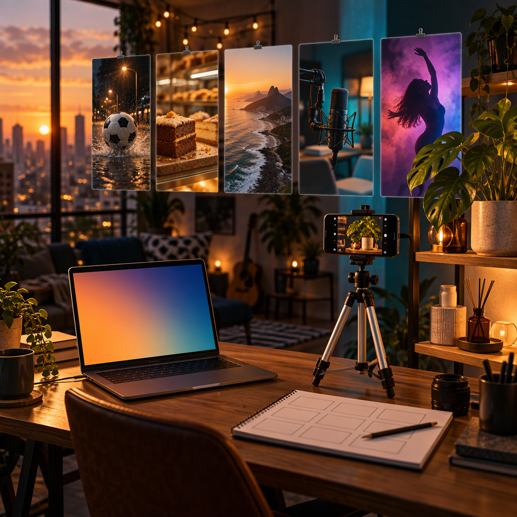 Estúdio de criação de conteúdo num apartamento paulistano ao anoitecer, fotografia cinematográfica 16:9: um smartphone preso a um pequeno tripé de alumínio aponta para uma prateleira de produtos decorados com uma costela-de-adão num vaso; sobre a mesa de madeira, um notebook aberto brilha com um gradiente laranja-azulado sem nenhum caractere, ao lado de um bloco de storyboard com uma grade vazia de quadros e um lápis apoiado por cima; atrás da mesa, cinco painéis translúcidos verticais pendurados lado a lado como audições julgadas juntas mostram, cada um, uma cena abstrata diferente: uma bola de futebol abrindo um leque de água sob um poste de luz, um close de bolo de vitrine numa confeitaria, uma linha de costa ao nascer do sol, um microfone condensador num braço articulado de canto de rádio e a silhueta de uma dançarina em névoa colorida. Luz âmbar da janela à esquerda, sombras teal à direita, pisca-pisca de fio suavemente desfocada ao fundo, profundidade de campo rasa. Nenhum texto legível, sem letras, sem números, sem logotipos, sem pessoas na sala, sem mãos.