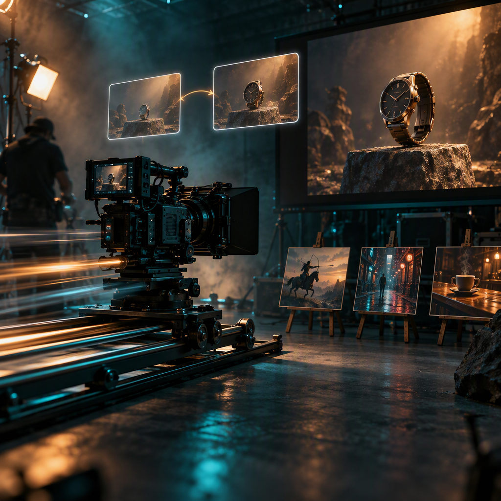 Piso de estudio a media luz en claves teal y ámbar: una cámara de cine profesional con matte box montada sobre un slider de acero, a mitad de un push-in, estelas de desenfoque de movimiento arrastrándose detrás del rig. Detrás, un monitor de pared muestra el fotograma hero —un reloj sobre un pedestal de piedra bajo luz ámbar suave, sin números legibles en la esfera—. Entre la cámara y el monitor flotan dos tarjetas translúcidas de keyframe unidas por una curva luminosa que sugiere interpolación, cada una con la misma escena del reloj en estados distintos. Sobre el piso pulido, tres pequeños guiones gráficos caballeteados, cada uno un cuadro sin palabras: un jinete con arco al atardecer, un callejón neon mojado bajo la lluvia, una taza de café humeante sobre una barra. Niebla volumétrica, profundidad de campo rasa, grano de película sutil, composición 16:9, sin ningún texto legible, sin logos, sin caras frontales ni manos.