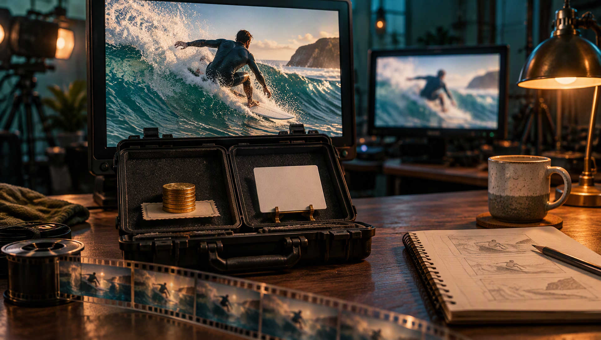 A daytime studio decision desk in warm light: center, an open black hard-shell equipment case on a wooden table — its left compartment holds a neat stack of gold coins resting on a plain perforated ticket stub, its right compartment holds a blank pale slate card propped on a tiny brass stand (pay-per-clip against the 4K verdict). Behind it a large monitor freezes on a surfer carving a turquoise wave in razor-sharp detail; a smaller second monitor shows the same wave softly blurred for comparison. An unspooled 35 mm filmstrip of a slow camera push curls across the foreground beside miniature reels, a brass banker's lamp pools amber light over a spiral notebook with penciled storyboard sketches and a resting pencil, and a speckled ceramic mug sits on a cork coaster. Deep teal studio ambience behind, a softbox on a tripod in the left background, cinematic teal-and-orange grade, shallow depth of field, subtle 35mm film grain, no readable text, no letters, no numbers, no logos, no watermarks, no frontal faces.