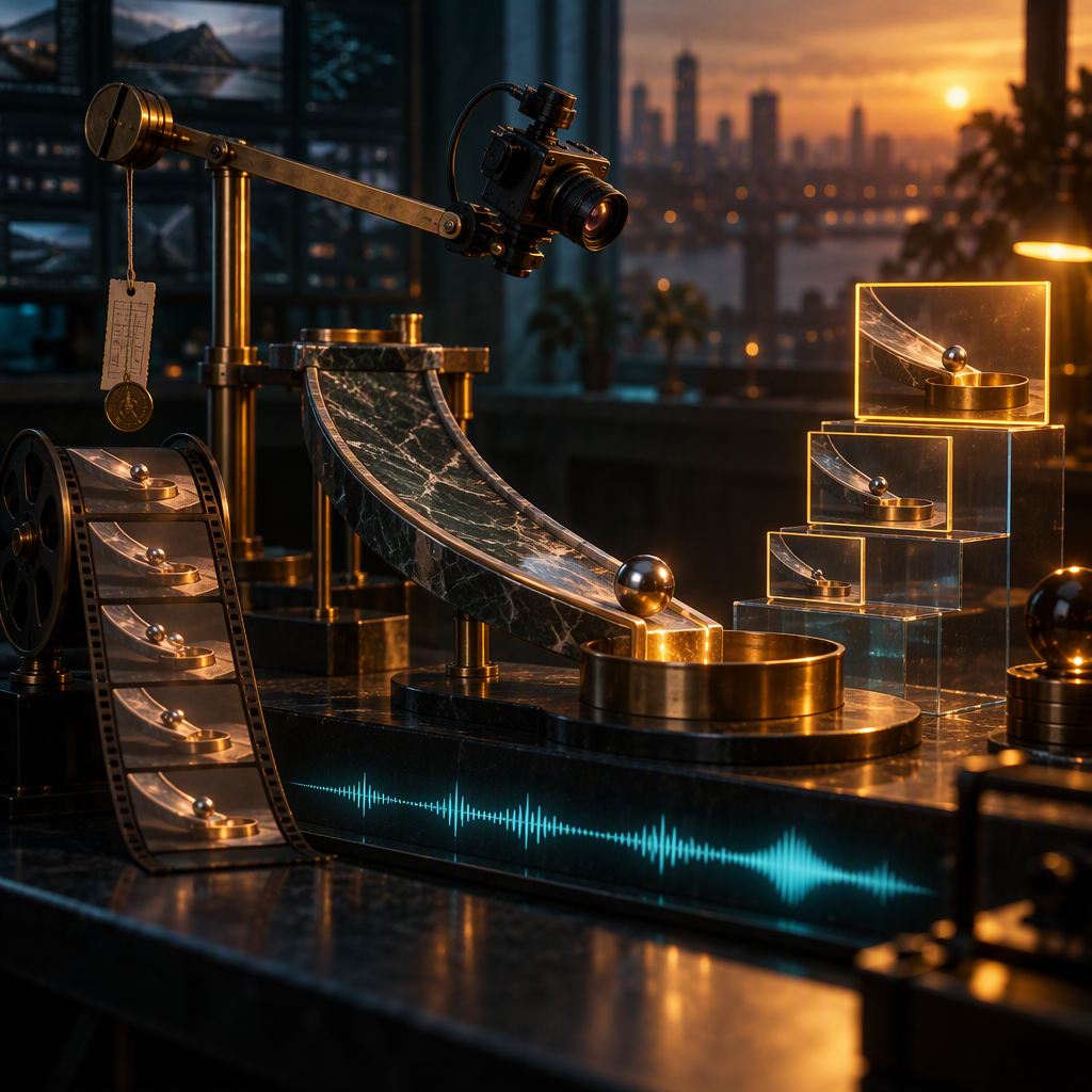A cinematic 3D-rendered dusk edit-suite diorama on a dark polished-marble table against a blurred sunset city skyline: at center a brass camera crane jib arcs over a curved green-and-white veined marble ramp, a polished steel ball bearing rolling off its lip toward a circular brass catch basin on a marble plinth. At far left a metal film reel unspools a five-frame strip showing stages of the same ramp shot, and a small paper ticket hangs from a thin cord off the jib counterweight. On the right, a stepped stack of clear glass blocks holds three framed clip cards of ascending size, the largest lit amber like an approved final. A glowing cyan audio waveform runs along the front face of the black marble base. Warm golden-hour key light from the upper right over deep teal shadows, shallow depth of field, subtle film grain, no readable text, no letters, no numbers, no logos, no watermarks, no frontal faces.