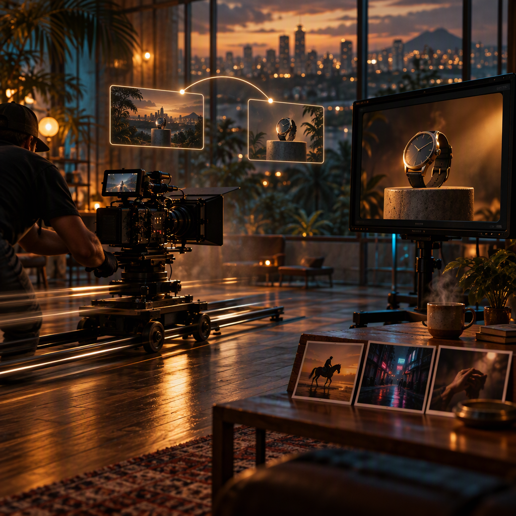 Estúdio criador num sítio alto de São Paulo ao anoitecer, fotografia cinematográfica 16:9: um operador de câmera visto de costas conduz uma câmera de cinema profissional com matte box montada sobre um dolly com trilhos de aço, em meio a um push-in, estelas de desenfoque de movimento arrastando-se atrás do rig; pelas janelas do piso ao teto, um skyline de cidade em bokeh morno com silhueta de montanha e copas de palmeiras nas bordas. Flutuando no centro, dois painéis translúcidos de keyframe unidos por uma curva luminosa que sugere interpolação — o esquerdo mostra uma paisagem urbana calma, o direito o mesmo relógio sobre um pedestal de pedra sob luz âmbar, sem números legíveis no mostrador. À direita, um monitor de broadcast num pedestal sustenta o mesmo quadro do relógio sob luz de contorno quente. Numa mesa baixa de madeira, três fotografias impressas sem palavras (um cavaleiro ao pôr do sol, um beco neon molhado de chuva, um close de objeto nas mãos — mãos nunca mostradas de frente), uma caneca de café fumegante, uma planta pequena e uma pilha de livros. Névoa volumétrica, profundidade de campo rasa, grão de filme sutil, sombras teal do preenchimento lateral, chave âmbar da janela, absolutamente nenhum texto legível, sem letras, sem números, sem logotipos, sem marcas d'água, sem texto de interface, sem rostos mostrados de frente, sem mãos em close.