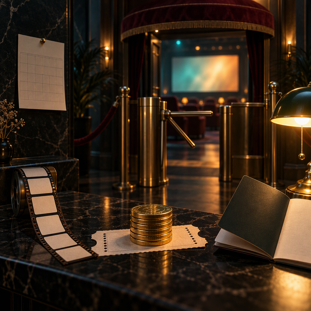 A cinematic photorealistic dusk lobby diorama in deep teal shadow with a warm amber key light from the upper right: at center a polished brass turnstile gate stands half-open beneath a small velvet canopy, a warm out-of-focus projection screen glowing teal-and-amber behind it with no discernible image. On the near side of the gate a neat stack of gold coins rests on a perforated paper ticket stub laid across a black marble side table, beside a small wall calendar page pinned blank with an empty grid. To the left a slim filmstrip of five identical blank frames curls off a miniature spool; to the right a tilted plain-cover booklet lies open beside a brass banker's lamp pooling amber light. Shallow depth of field, subtle 35mm film grain, no readable text, no letters, no numbers, no logos, no watermarks, no frontal faces.