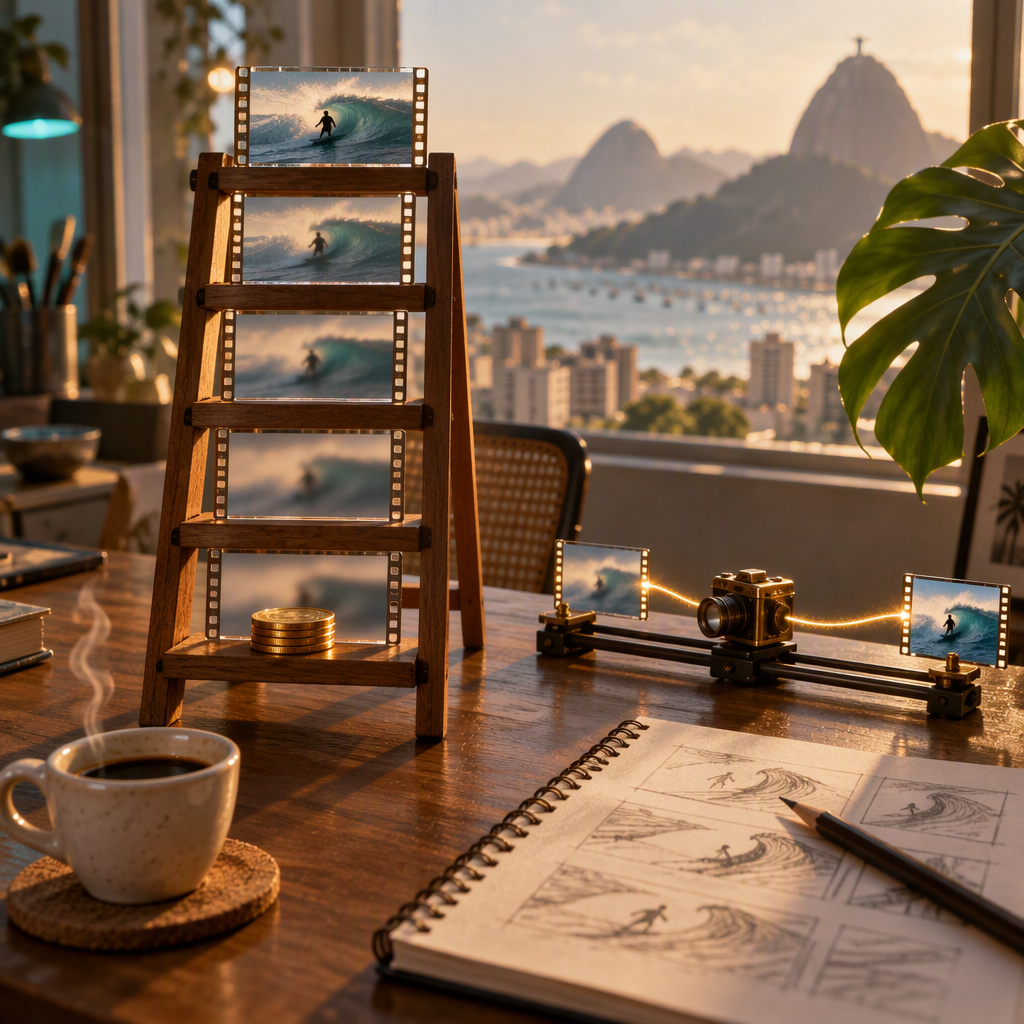 Estúdio criativo numa manhã clara de apartamento no Rio de Janeiro, fotografia cinematográfica 16:9: sobre uma mesa de nogueira, uma miniatura de escadinha de madeira de cinco degraus sustenta cartões translúcidos de película do mesmo plano de mar — os de baixo difusos, o do topo em foco total com a silhueta de um surfista visto de longe e de costas, sem rosto. Ao lado, uma minúscula câmera de latão sobre um trilho de slider curto tem nas duas pontas dois cartões de keyframe unidos por um fio dourado luminoso que sugere interpolação do quadro inicial ao final. Na mesa, uma pilha ordenada de moedas de ouro encostada no degrau de baixo, uma xícara pequena de café com uma fina espiral de vapor sobre um porta-copos de cortiça, um caderno de espiral fechado com rabiscos abstratos de storyboard a lápis e um lápis pousado, e uma folha de costela-de-adão entrando pela borda direita. Ao fundo, uma grande janela com névoa de manhã revela um skyline litorâneo desfocado com a silhueta arredondada de um pico de granito em bokeh morno. Luz-chave âmbar da janela, preenchimento lateral com recorte teal suave, profundidade de campo rasa, grão de filme 35mm sutil, absolutamente nenhum texto legível, sem letras, sem números, sem logotipos, sem marcas d’água, sem texto de interface, sem rostos mostrados de frente, sem mãos em close.