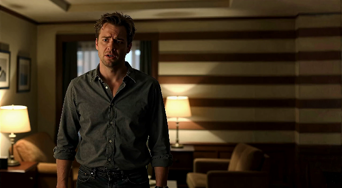 Cinematic‑realistic medium close‑up. An actor stands in a dimly lit apartment, warm practical lights casting soft shadows. He speaks an emotional line with controlled intensity, brows tightening slightly as he exhales. The camera slowly dollies inward. He says: "I just need you to hear me… I'm really trying to make this work." Ambient audio includes faint room tone, distant city noise through a window, and the soft rustle of his clothing as he shifts his weight.