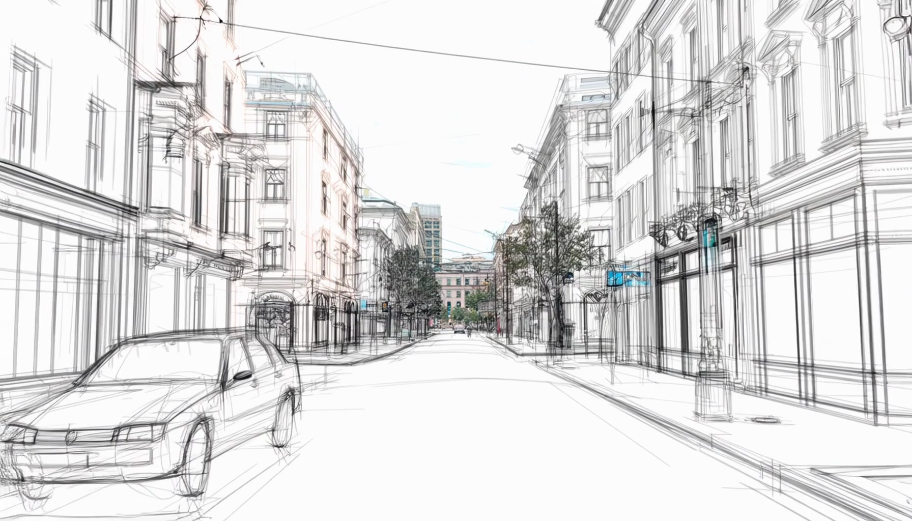 A mixed‑media scene where a sketch of a city street transforms into a fully rendered live‑action shot as the camera moves forward. Pencil lines morph into real buildings, color washes in, pedestrians appear naturally, and ambient city audio fades in with the transition